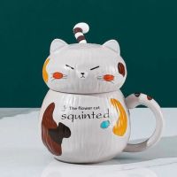 Ceramic cup Kawaii in the shape of a cat with a lid, with a stick for mixing